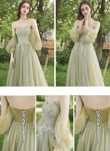 Sage Green Tulle A-Line Sweetheart Lace-up Floor-Length Dress Back View - Aabei Dress