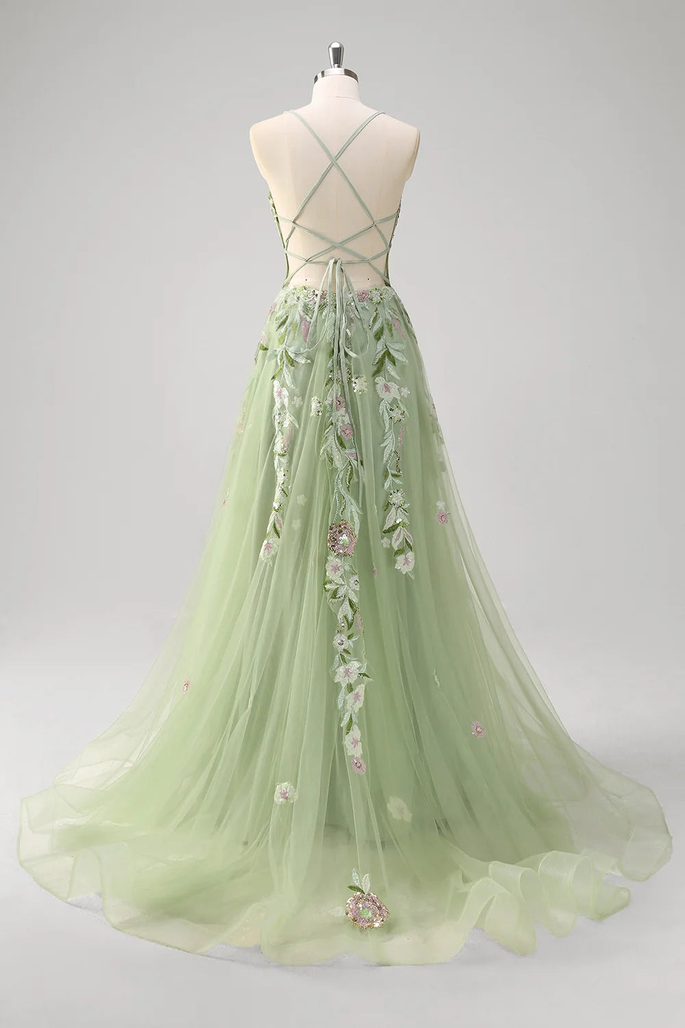 Sage Green Tulle A-Line V-Neck Criss Cross Back Floor-Length Dress Back View - Aabei Dress