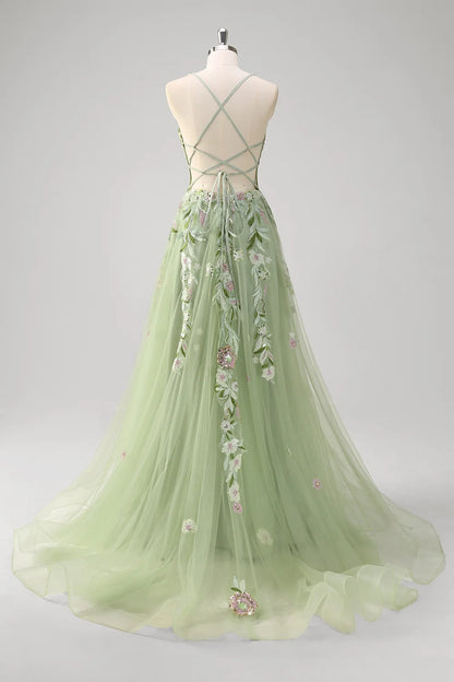 Sage Green Tulle A-Line V-Neck Criss Cross Back Floor-Length Dress Back View - Aabei Dress