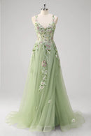 Sage Green Tulle A-Line V-Neck Criss Cross Back Floor-Length Dress Front View - Aabei Dress