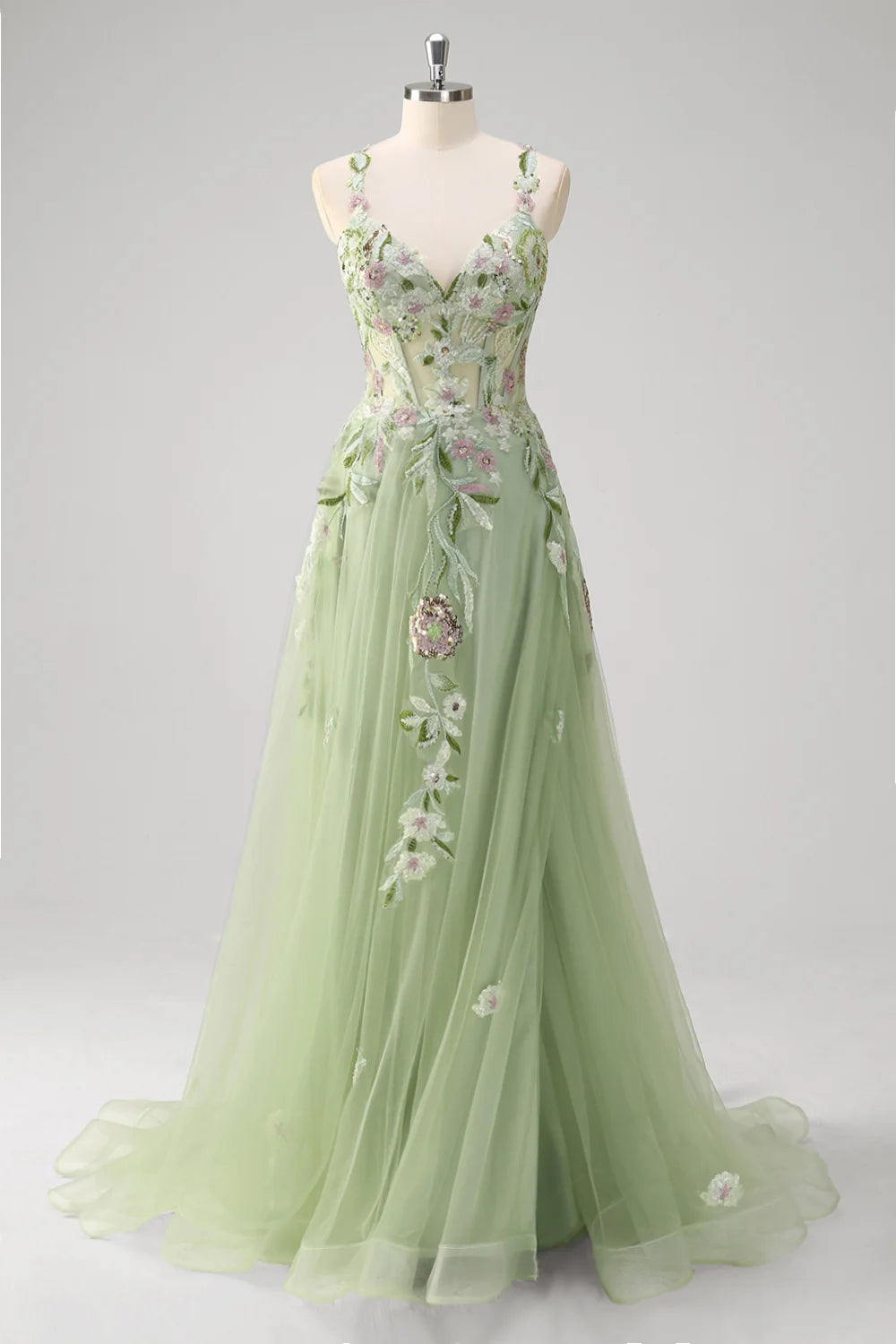 Sage Green Tulle A-Line V-Neck Criss Cross Back Floor-Length Dress Front View - Aabei Dress
