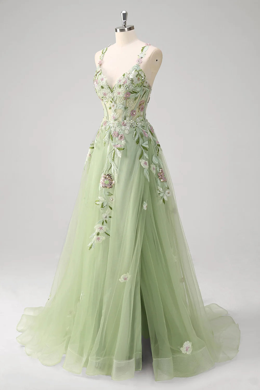 Sage Green Tulle A-Line V-Neck Criss Cross Back Floor-Length Dress - Aabei Dress