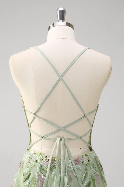 Sage Green Tulle A-Line V-Neck Criss Cross Back Floor-Length Dress - Aabei Dress