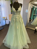 Sage Green Tulle A-Line V-Neck Criss-Cross Straps Floor-Length Dress Front View - Aabei Dress