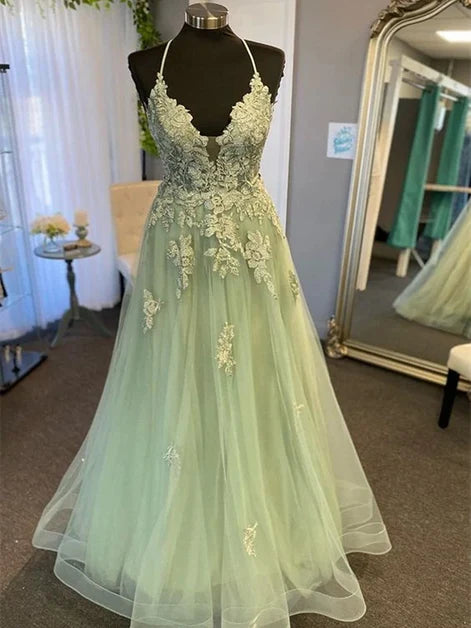 Sage Green Tulle A-Line V-Neck Criss-Cross Straps Floor-Length Dress Front View - Aabei Dress