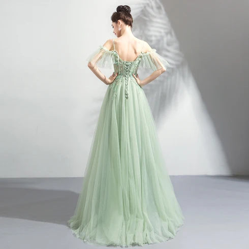 Sage Green Tulle A-Line V-Neck Lace-Up Floor-Length Dress Back View - Aabei Dress