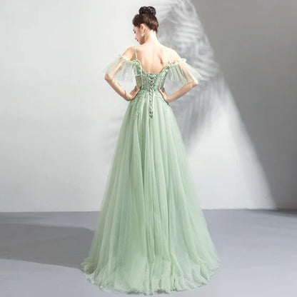 Sage Green Tulle A-Line V-Neck Lace-Up Floor-Length Dress Back View - Aabei Dress