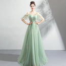 Sage Green Tulle A-Line V-Neck Lace-Up Floor-Length Dress Front View - Aabei Dress