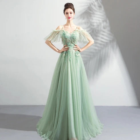 Sage Green Tulle A-Line V-Neck Lace-Up Floor-Length Dress Front View - Aabei Dress
