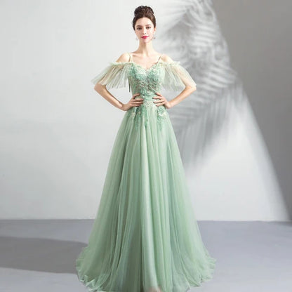 Sage Green Tulle A-Line V-Neck Lace-Up Floor-Length Dress Front View - Aabei Dress