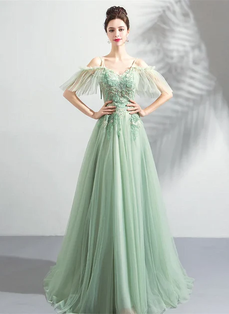Sage Green Tulle A-Line V-Neck Lace-Up Floor-Length Dress - Aabei Dress