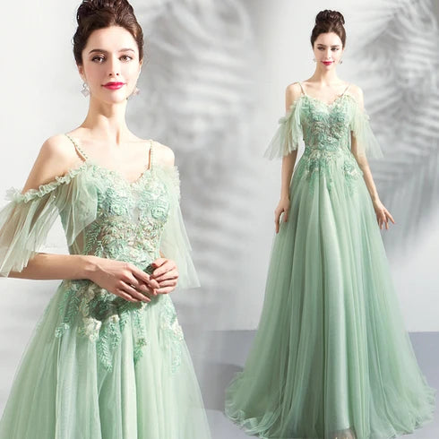 Sage Green Tulle A-Line V-Neck Lace-Up Floor-Length Dress - Aabei Dress