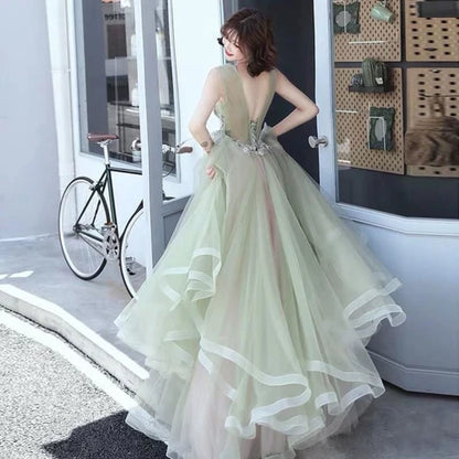 Sage Green Tulle A-Line V-Neck V-Back Floor-Length Dress Back View - Aabei Dress