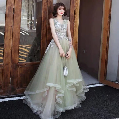 Sage Green Tulle A-Line V-Neck V-Back Floor-Length Dress Front View - Aabei Dress