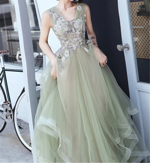 Sage Green Tulle A-Line V-Neck V-Back Floor-Length Dress - Aabei Dress