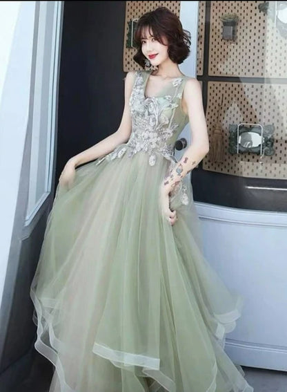 Sage Green Tulle A-Line V-Neck V-Back Floor-Length Dress - Aabei Dress