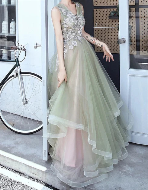 Sage Green Tulle A-Line V-Neck V-Back Floor-Length Dress - Aabei Dress
