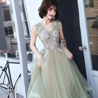 Sage Green Tulle A-Line V-Neck V-Back Floor-Length Dress - Aabei Dress