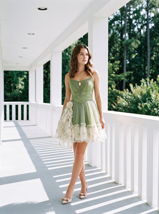 Sage Green Tulle and Lace A-Line Sweetheart Zipper Back Above Knee Dress - Aabei Dress