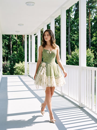 Sage Green Tulle and Lace A-Line Sweetheart Zipper Back Above Knee Dress - Aabei Dress