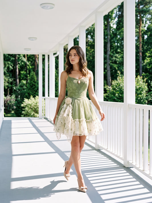 Sage Green Tulle and Lace A-Line Sweetheart Zipper Back Above Knee Dress - Aabei Dress