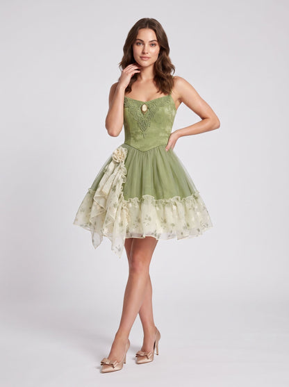 Sage Green Tulle and Lace A-Line Sweetheart Zipper Back Above Knee Dress - Aabei Dress