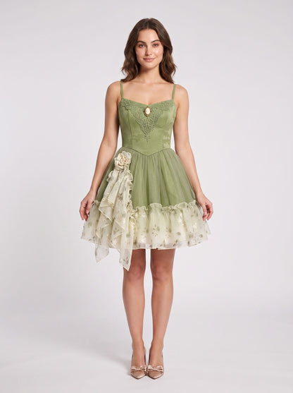 Sage Green Tulle and Lace A-Line Sweetheart Zipper Back Above Knee Dress - Aabei Dress