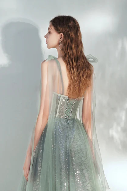Sage Green Tulle & Glitter Fabric A-Line Sweetheart Ankle-Length Dress Back View - Aabei Dress