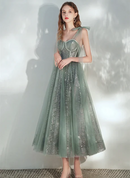 Sage Green Tulle & Glitter Fabric A-Line Sweetheart Ankle-Length Dress Front View - Aabei Dress