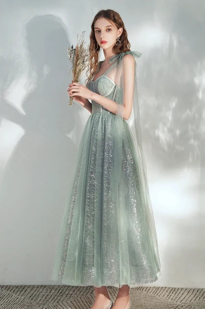 Sage Green Tulle & Glitter Fabric A-Line Sweetheart Ankle-Length Dress - Aabei Dress