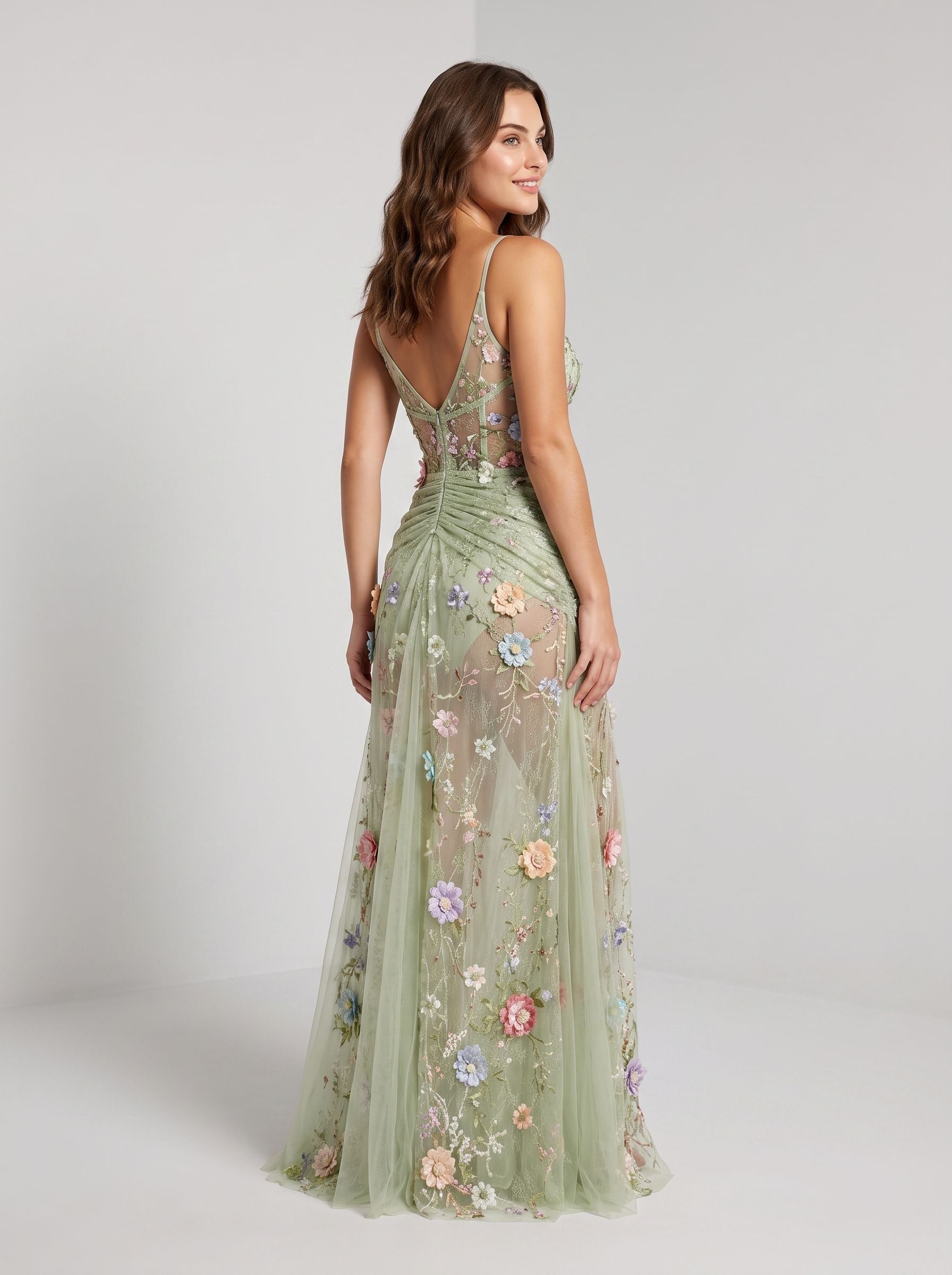 Sage Green Tulle Sheath Column Sweetheart V-Back Floor Length Dress Back View - Aabei Dress