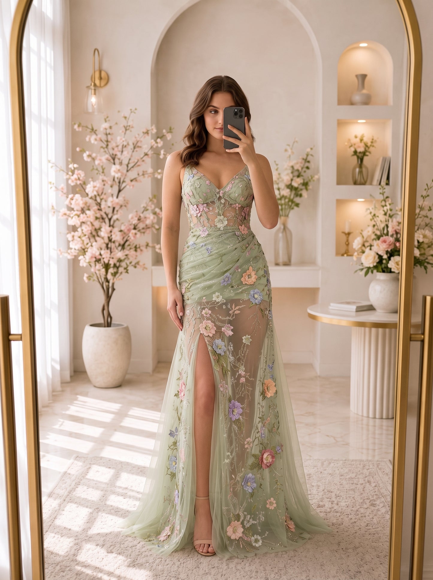 Sage Green Tulle Sheath Column Sweetheart V-Back Floor Length Dress Front View - Aabei Dress