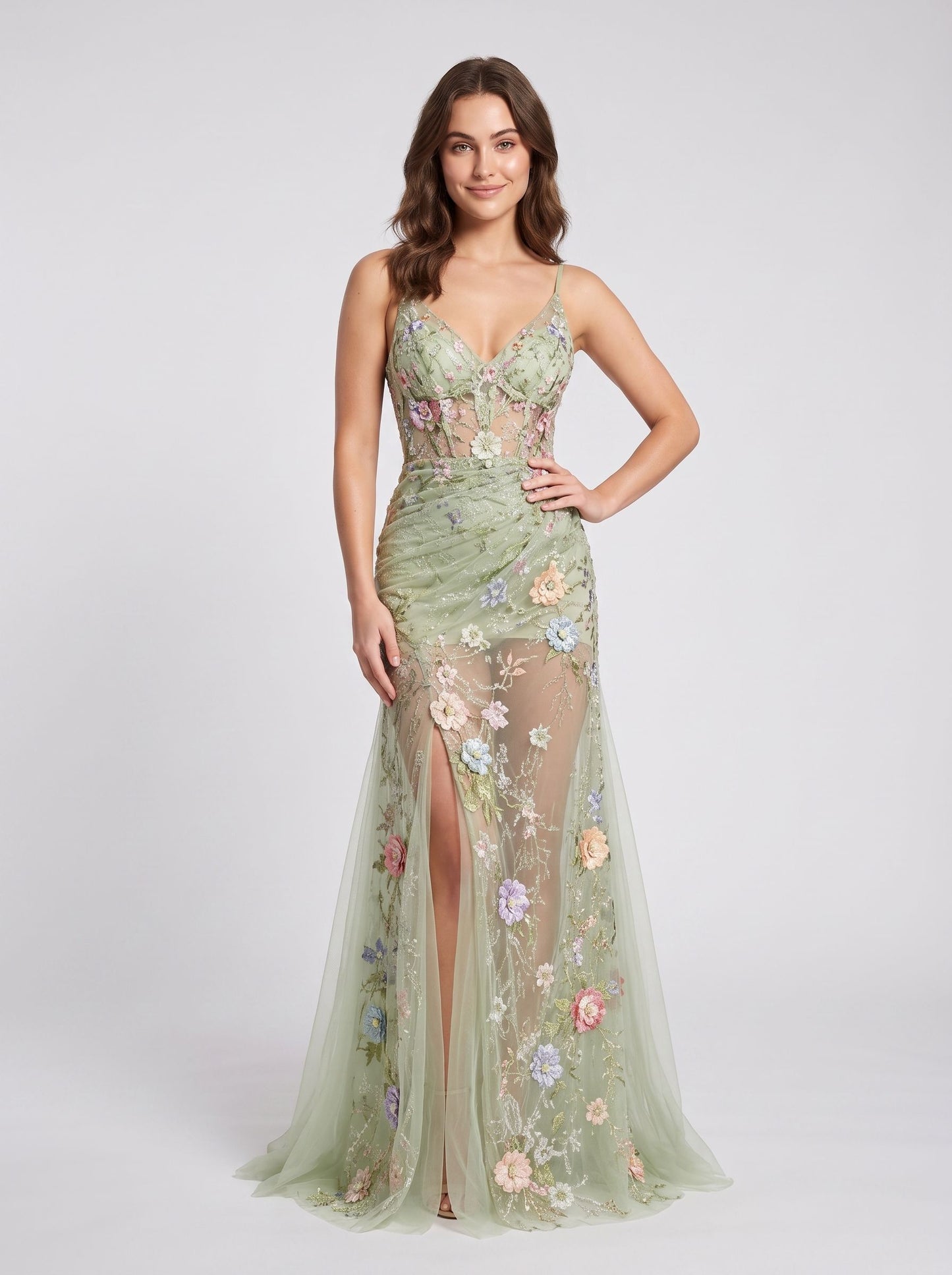 Sage Green Tulle Sheath Column Sweetheart V-Back Floor Length Dress - Aabei Dress