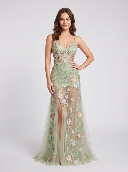 Sage Green Tulle Sheath Column Sweetheart V-Back Floor Length Dress - Aabei Dress