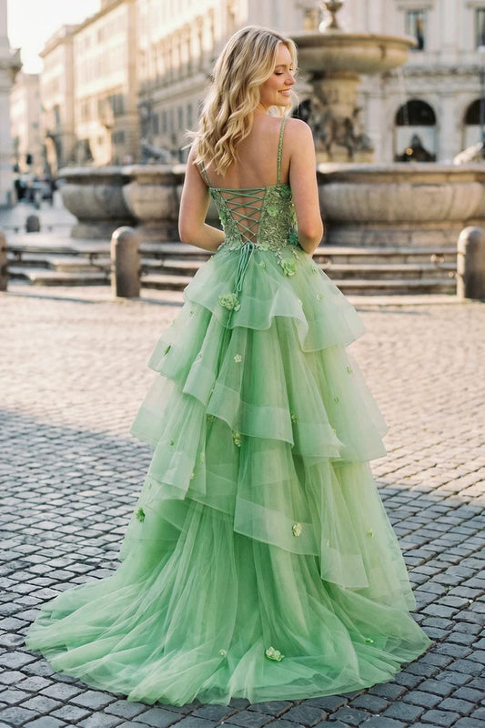 Sage Green Tulle tiered sweetheart lace-up-back floor-length Dress Back View - Aabei Dress