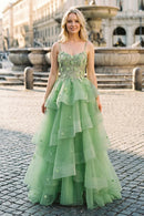 Sage Green Tulle tiered sweetheart lace-up-back floor-length Dress Front View - Aabei Dress