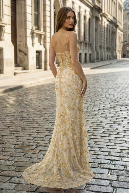 Champagne Spaghetti Strap Mermaid Gown 3D Floral Lace Beaded Tulle Prom Dress With Train