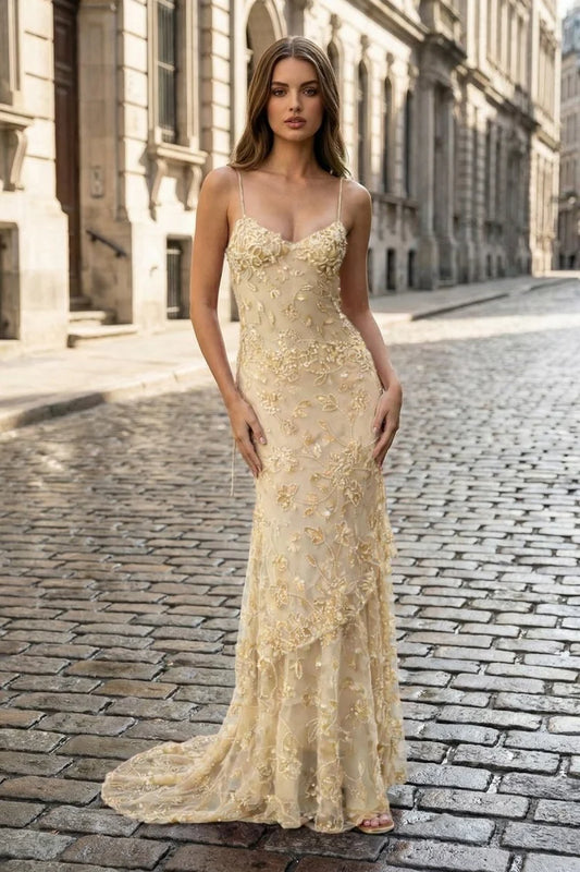 Champagne Spaghetti Strap Mermaid Gown 3D Floral Lace Beaded Tulle Prom Dress With Train