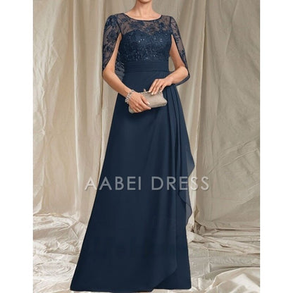 AABEI DRESS Wedding Guest Dress Elegant A-Line Crew Neck Lace Short Sleeve Ruching Floor Length Fashion Mother of the Bride Dress