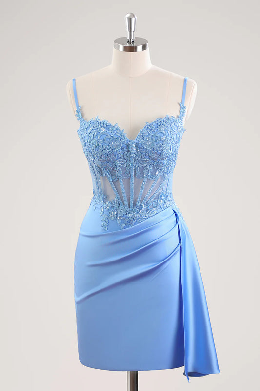 AABEI DRESS For Women Mini Dress Blue Sheath Spaghetti Straps Sleeveless Sweetheart Neckline Lace Applique Pleated Hot Sale Homecoming Dress