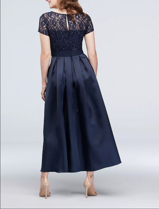 A-Line Mother of the Bride Dress Wedding Guest Party Elegant Scoop Neck Tea Length Satin Lace Short Sleeve with Pleats