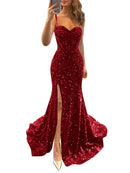 Prom Dress V Neck Spaghetti Strap Mermaid Sequin High Slit Evening Gowns Ball Gown Long Formal Wear Dresses