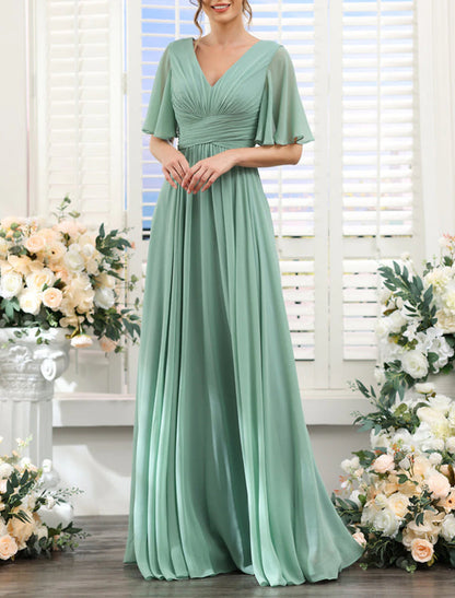A-Line Bridesmaid Dress V Neck Short Sleeve Elegant Floor Length Chiffon with Split Front