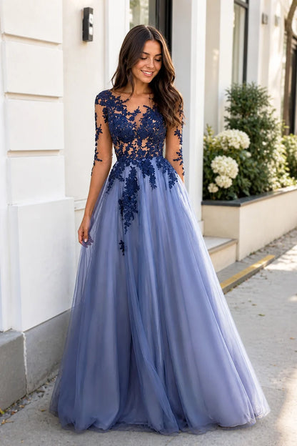 Dusty Blue Tulle A-Line Gown 3/4 Sleeve Navy Lace Illusion Cutout Open Back Formal Dress