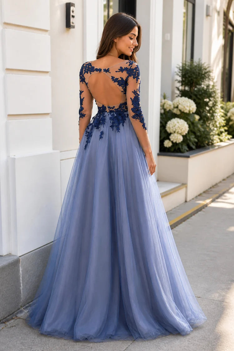 Dusty Blue Tulle A-Line Gown 3/4 Sleeve Navy Lace Illusion Cutout Open Back Formal Dress