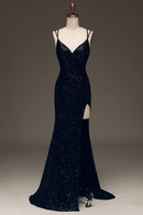 Prom Dress Sparkly Spaghetti Straps Sequin Mermaid Cultivate oneself Backless Side Fork Long Formal Wear Dresses