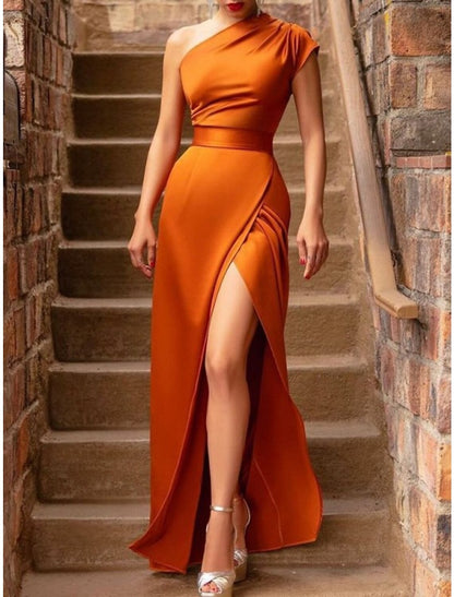 Sheath / Column Bridesmaid Dress One Shoulder Sleeveless Elegant Floor Length Satin with Split Front