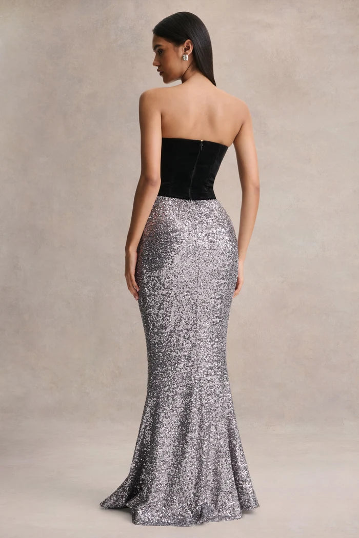 Silver and Black Velvet and Sequin Mermaid Sweetheart Floor Length Dress Back View - Aabei Dress