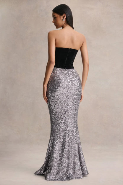 Silver and Black Velvet and Sequin Mermaid Sweetheart Floor Length Dress Back View - Aabei Dress