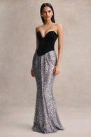 Silver and Black Velvet and Sequin Mermaid Sweetheart Floor Length Dress - Aabei Dress